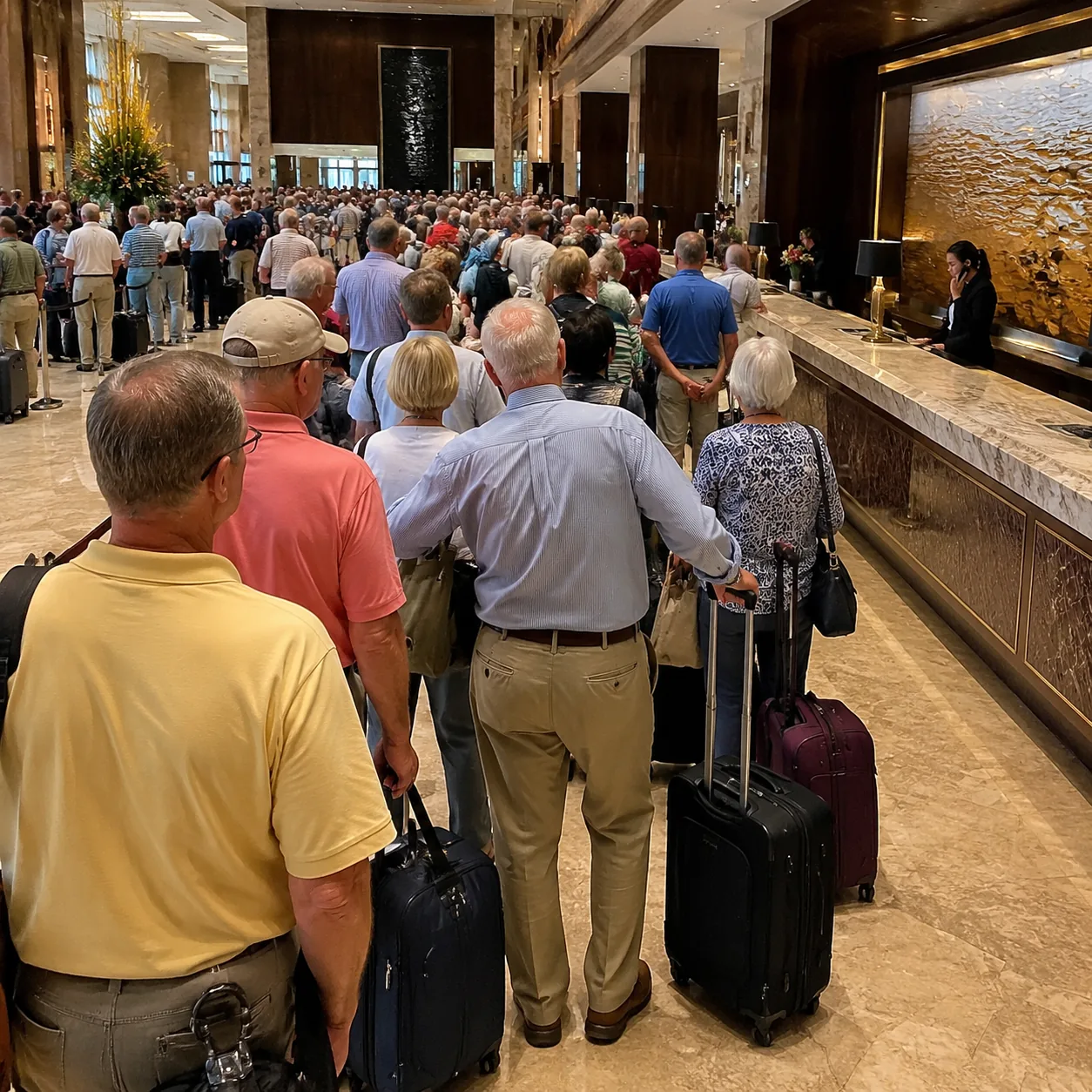 Massive crowded hotel lobby with long frustrated check-in line, weary older American travelers waiting with luggage, sin