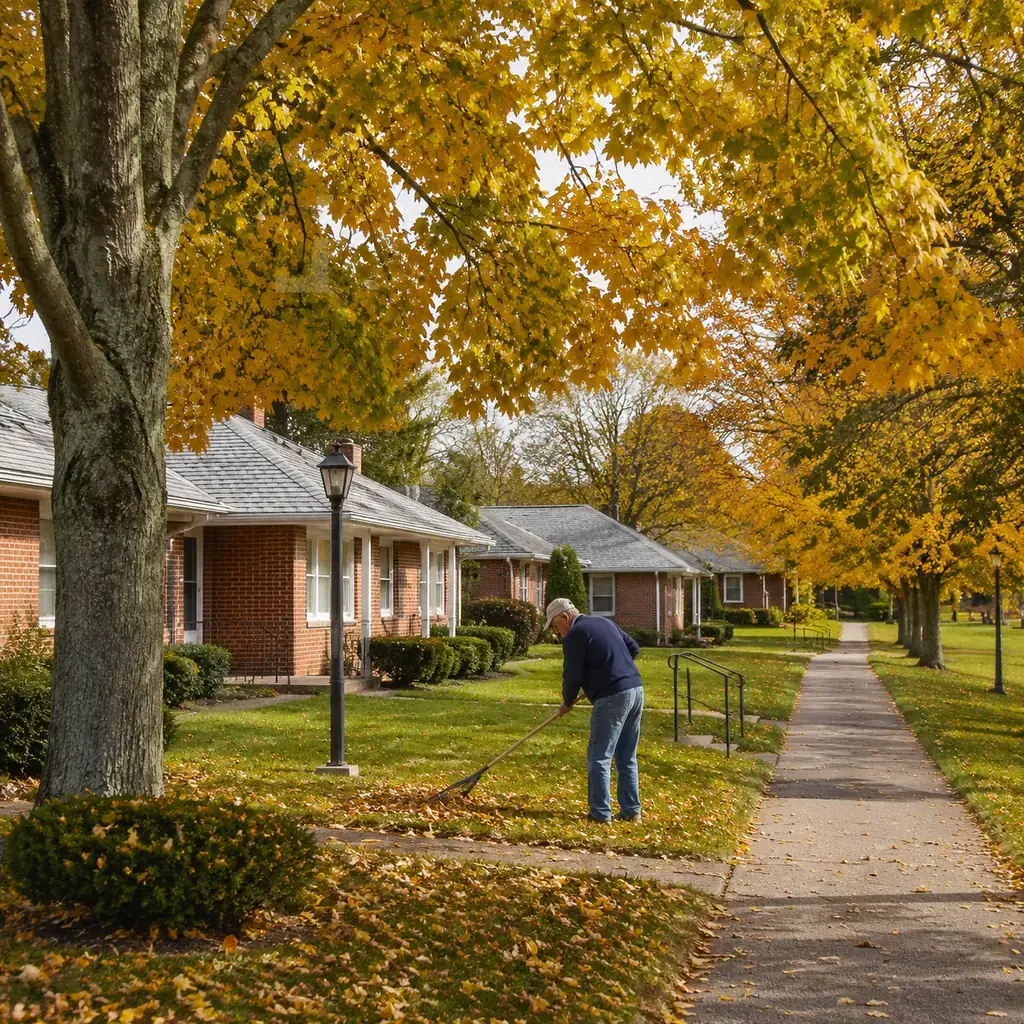 Realistic editorial photo of a modest retirement community with low brick residences and mature maple trees in a Pioneer