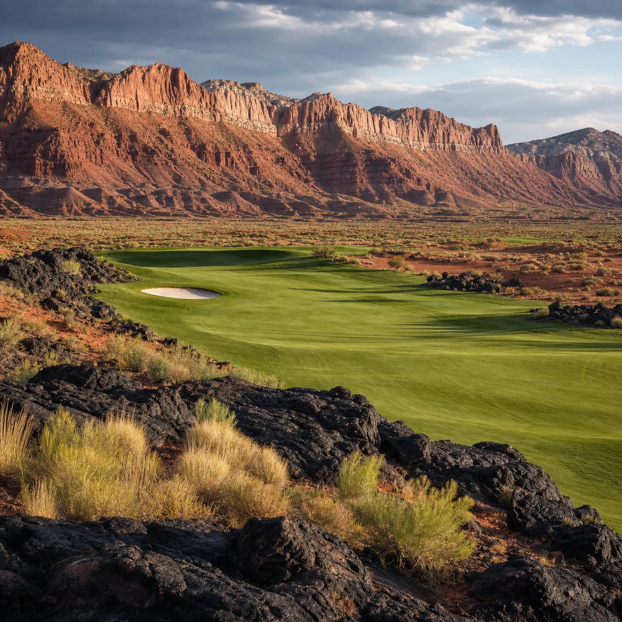 Realistic editorial photo of a Utah desert golf hole with red rock cliffs, black lava rock, emerald fairway, and dramati
