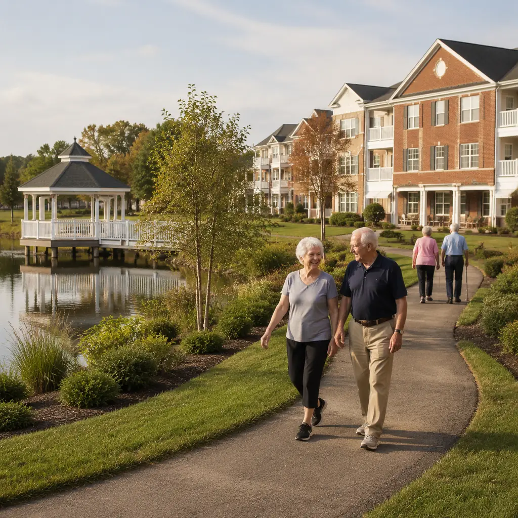 Realistic editorial photo of a waterside suburban retirement campus with a pond, gazebo, brick residential buildings and