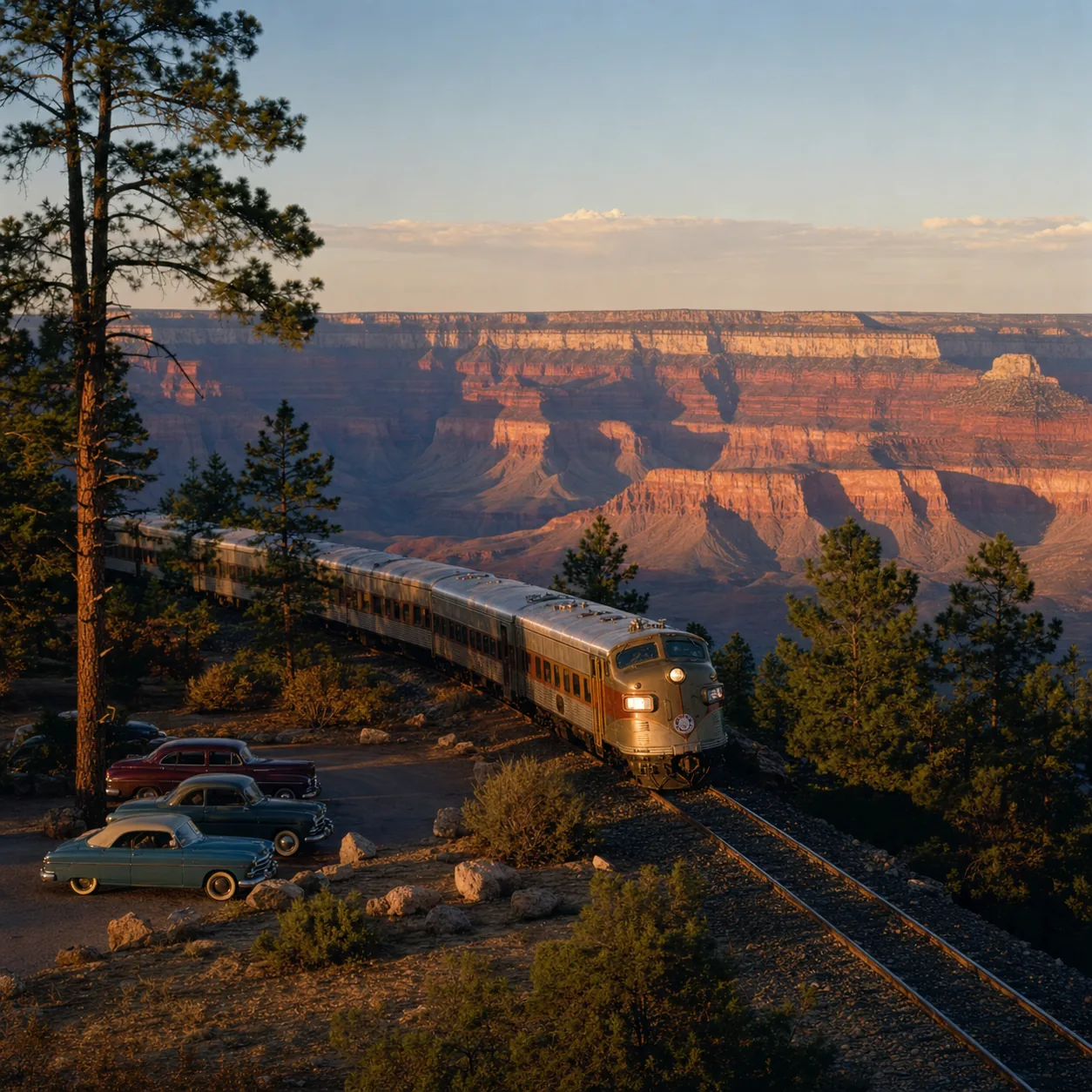 Realistic editorial photo of a classic passenger train arriving near the South Rim of the Grand Canyon with ponderosa pi