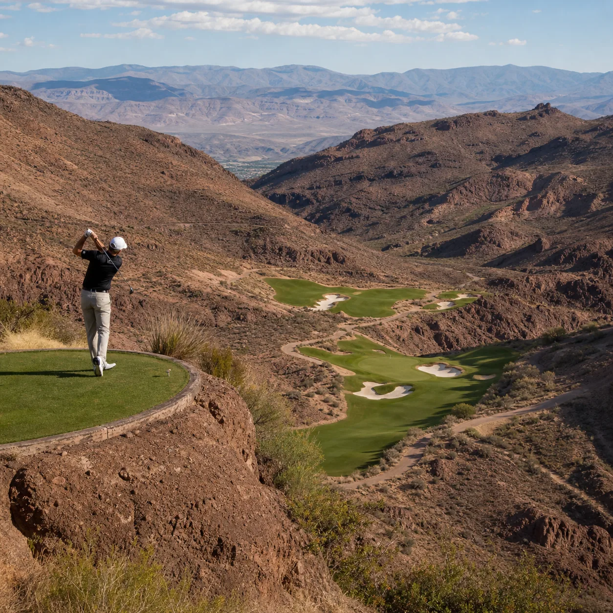 Realistic editorial photo of a dramatic desert canyon golf course in Nevada with steep fairway drops, white bunkers, red