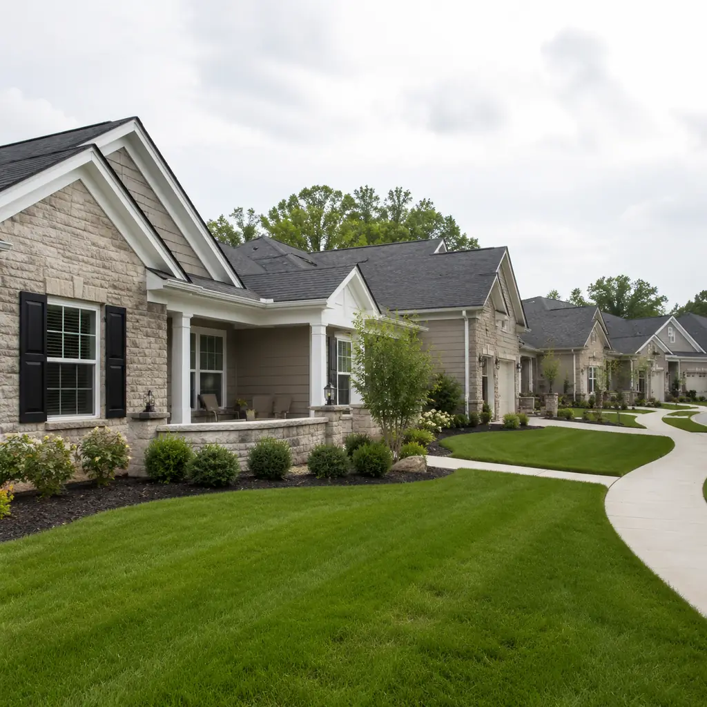 Realistic editorial photo of a new build Ohio patio home community with attached ranch homes, small courtyards, fresh so