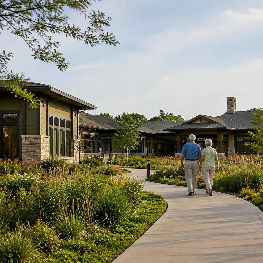 Realistic editorial photo of a college town Ohio retirement community with low modern buildings, walking paths, prairie 
