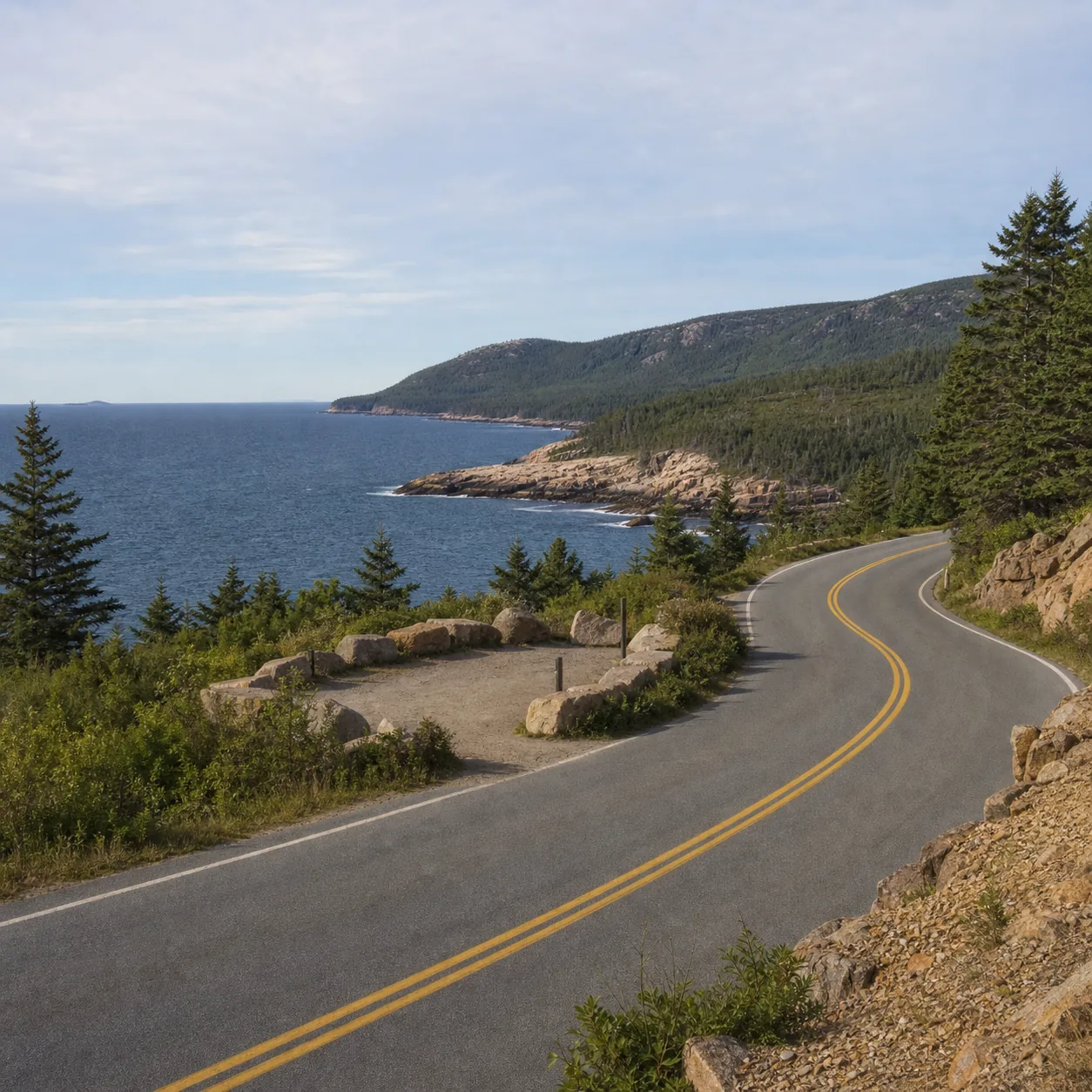 Realistic editorial photo of a paved park loop road in Acadia with granite coastline, evergreen trees, ocean water, and