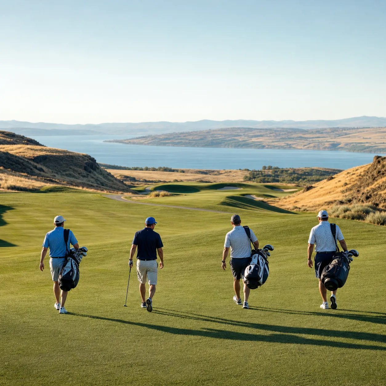 Realistic editorial photo of a Washington golf course above the Columbia River with broad fairways, golden hills, distan