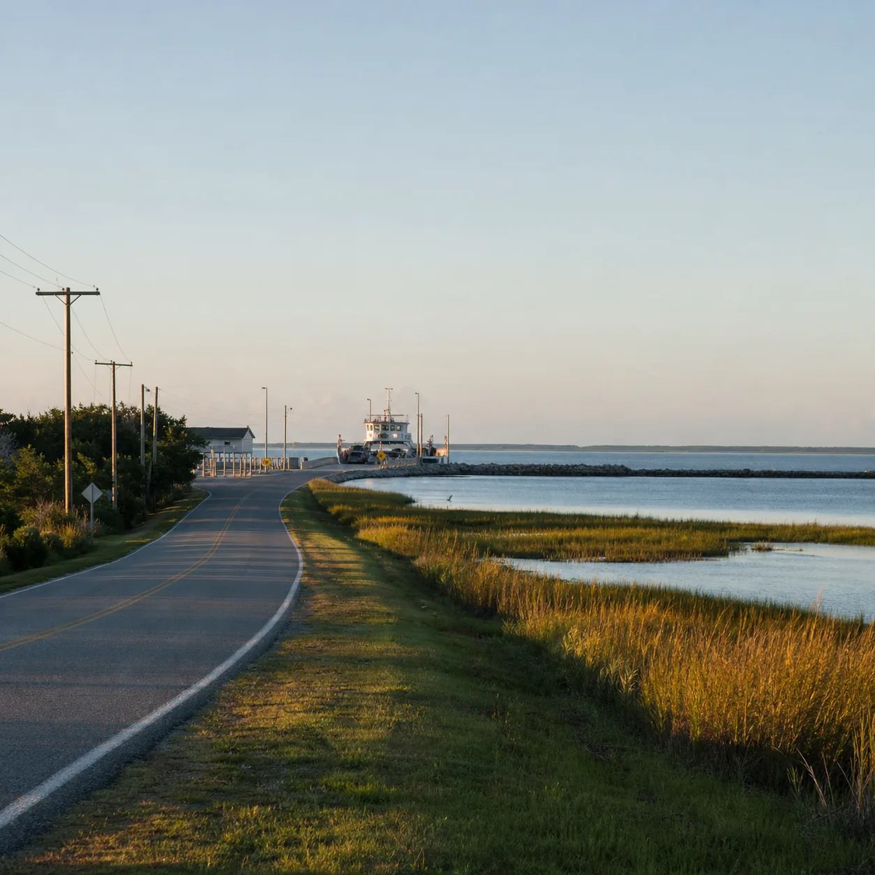 Realistic editorial photo of a quiet Outer Banks road with marsh grass, coastal water, a ferry landing in the distance,