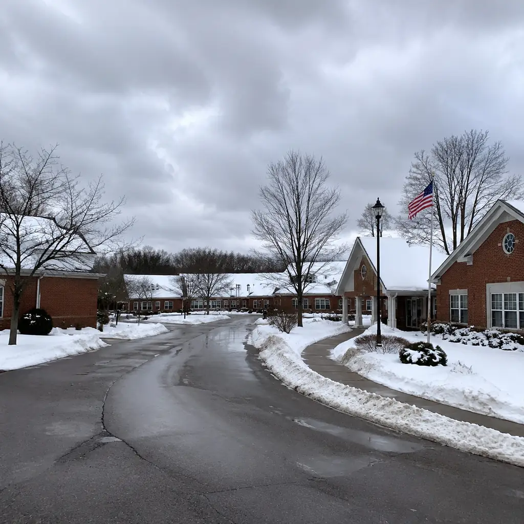 Realistic editorial photo of a snowy Ohio retirement community with brick buildings, plowed internal roads, snow banks, 
