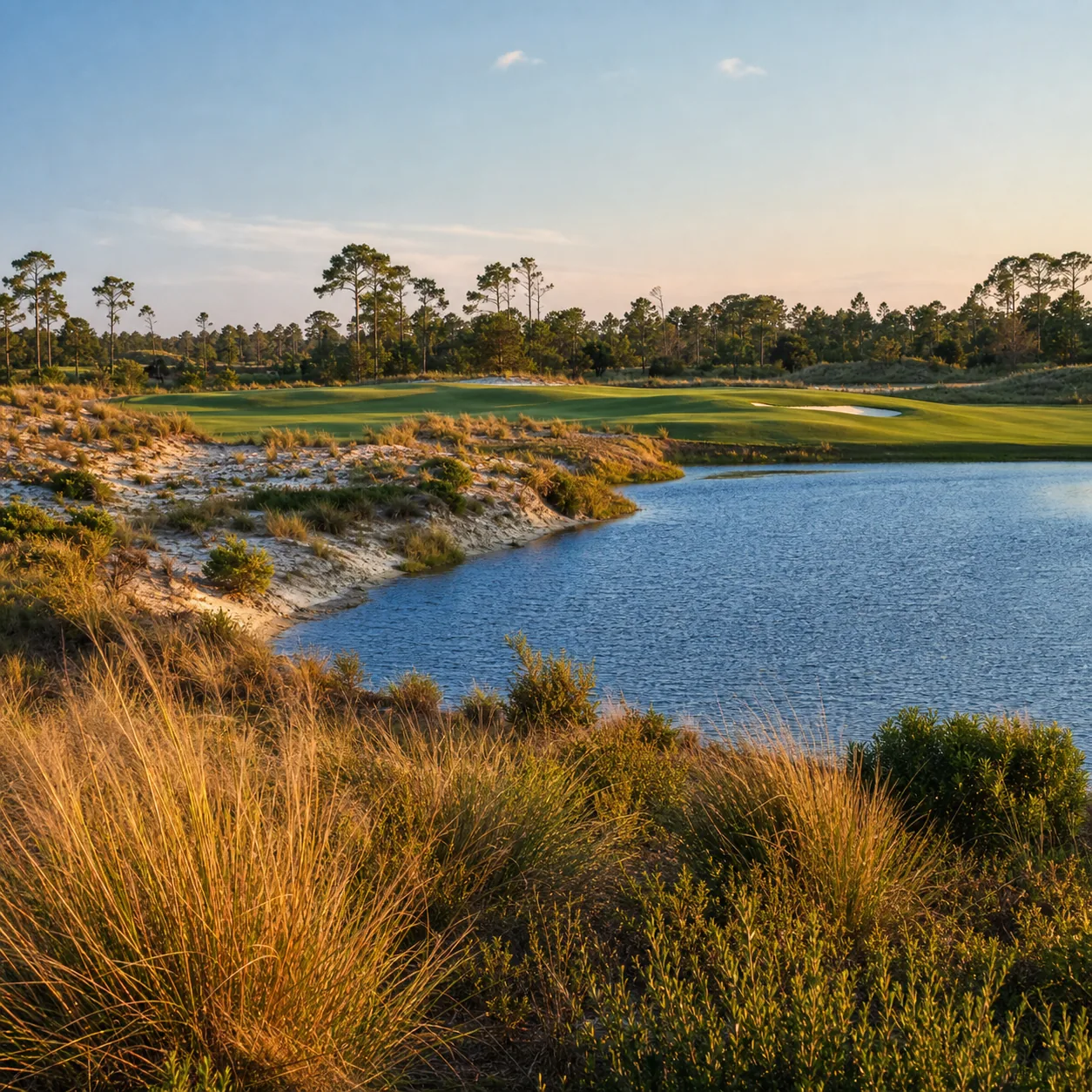 Realistic editorial photo of an inland Florida golf course with tall sand dunes, deep blue pond, rolling fairway, native