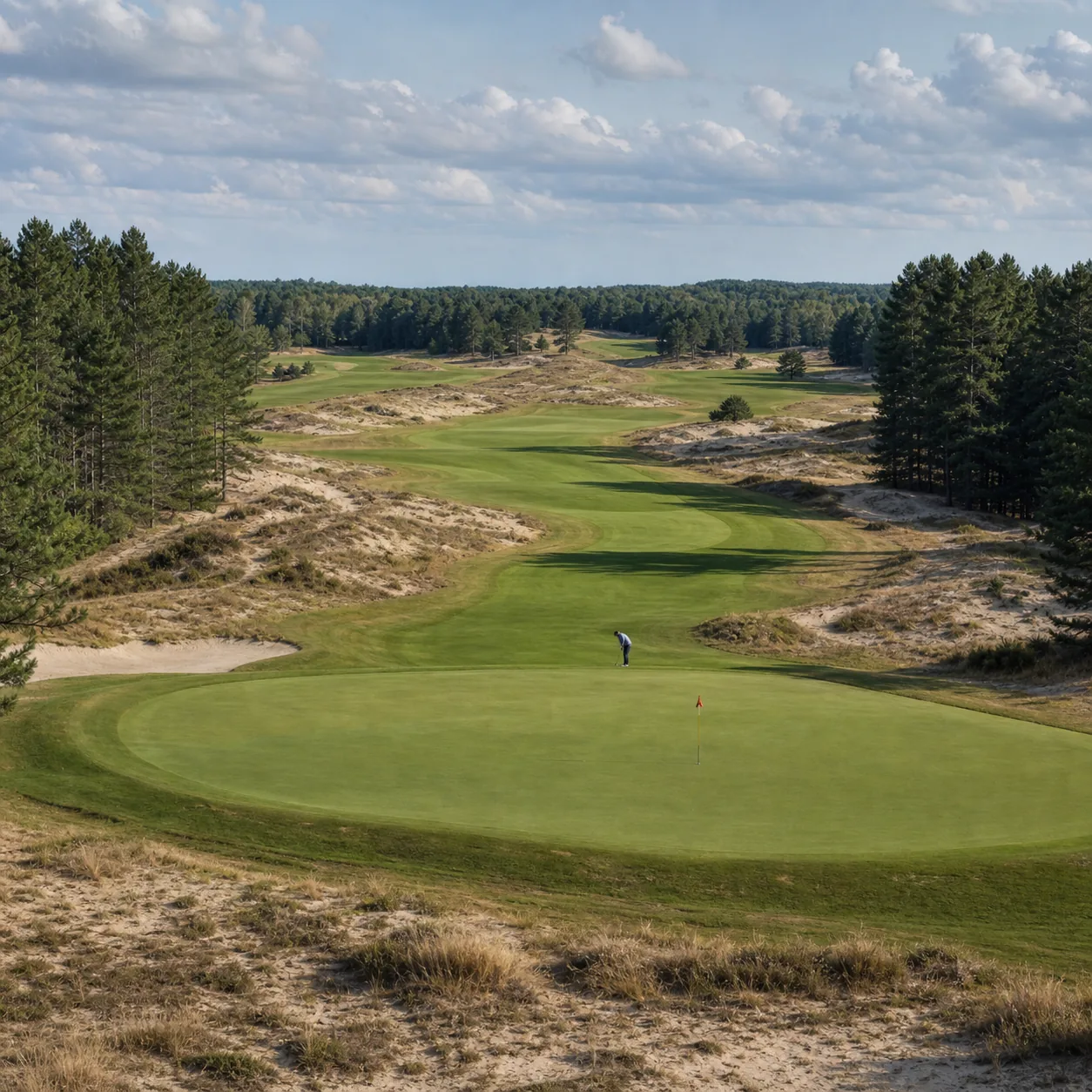 Realistic editorial photo of a massive Wisconsin sand-dune golf course with extra-wide fairway, huge green, sandy waste