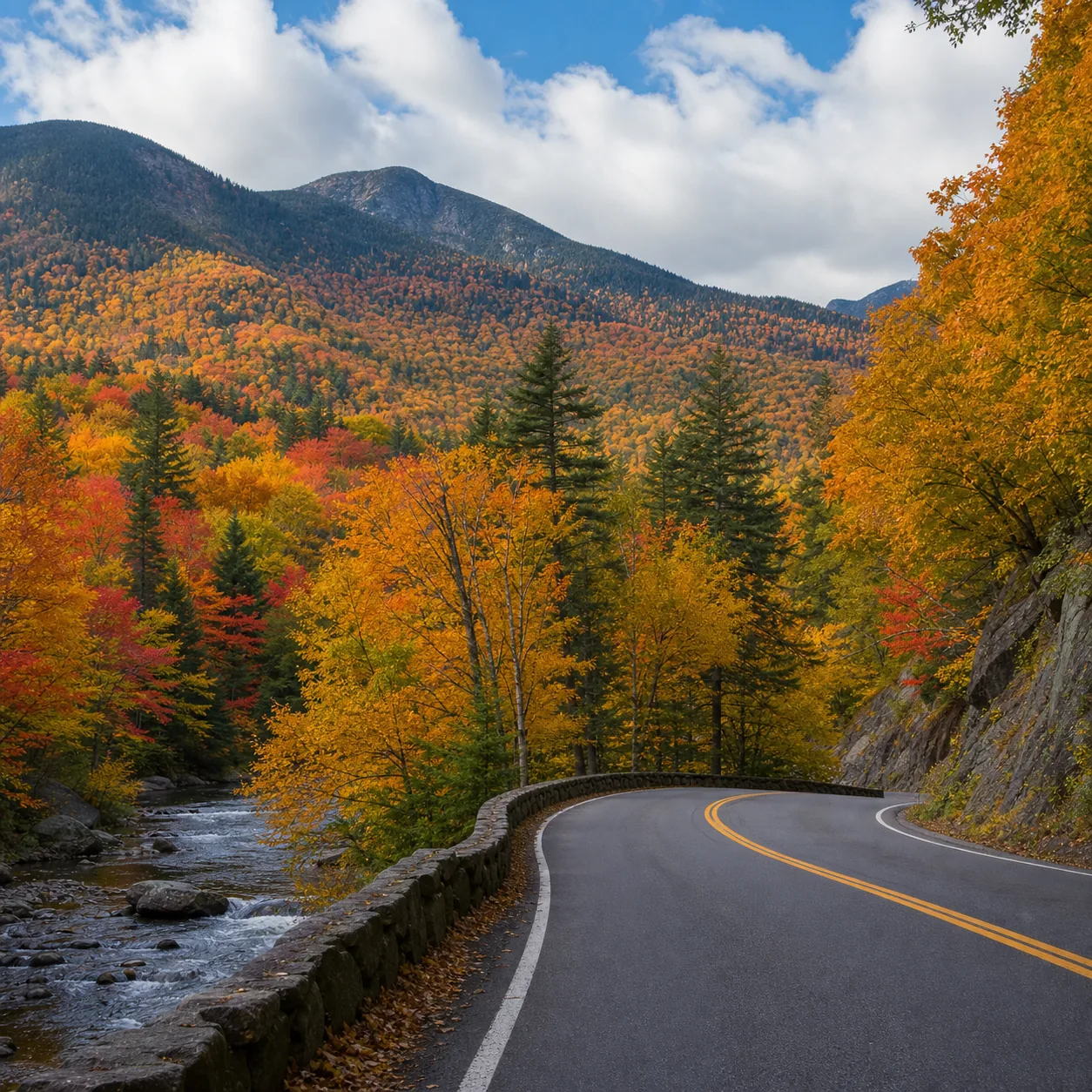 Realistic editorial photo of a New Hampshire mountain highway in fall foliage with a river pull-off, covered forest, and