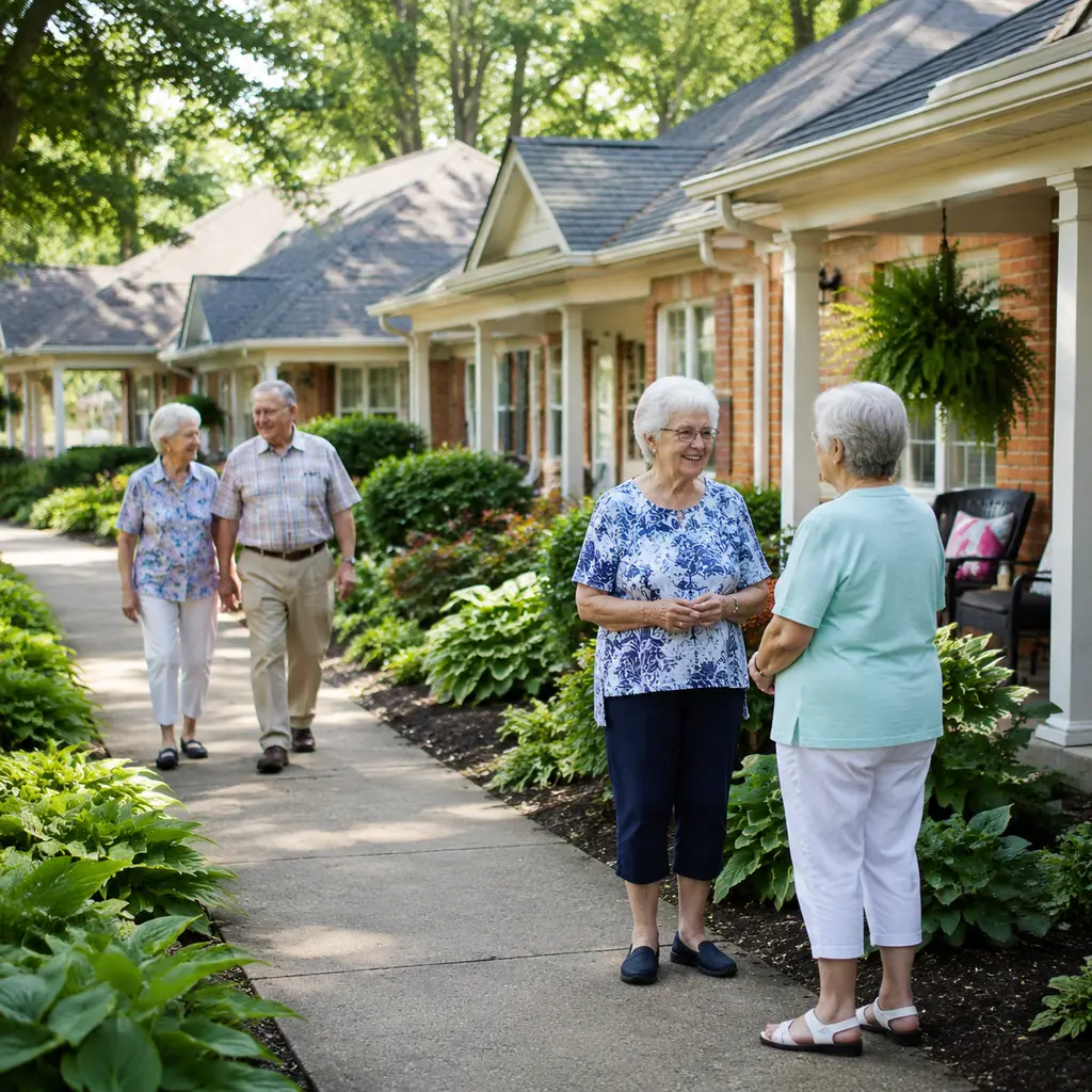 Realistic editorial photo of a tidy suburban senior living complex with attached brick cottages, small front porches and