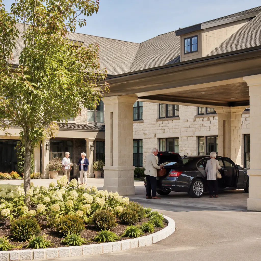 Realistic editorial photo of a grand renovated retirement residence with a limestone entrance, circular garden bed and o