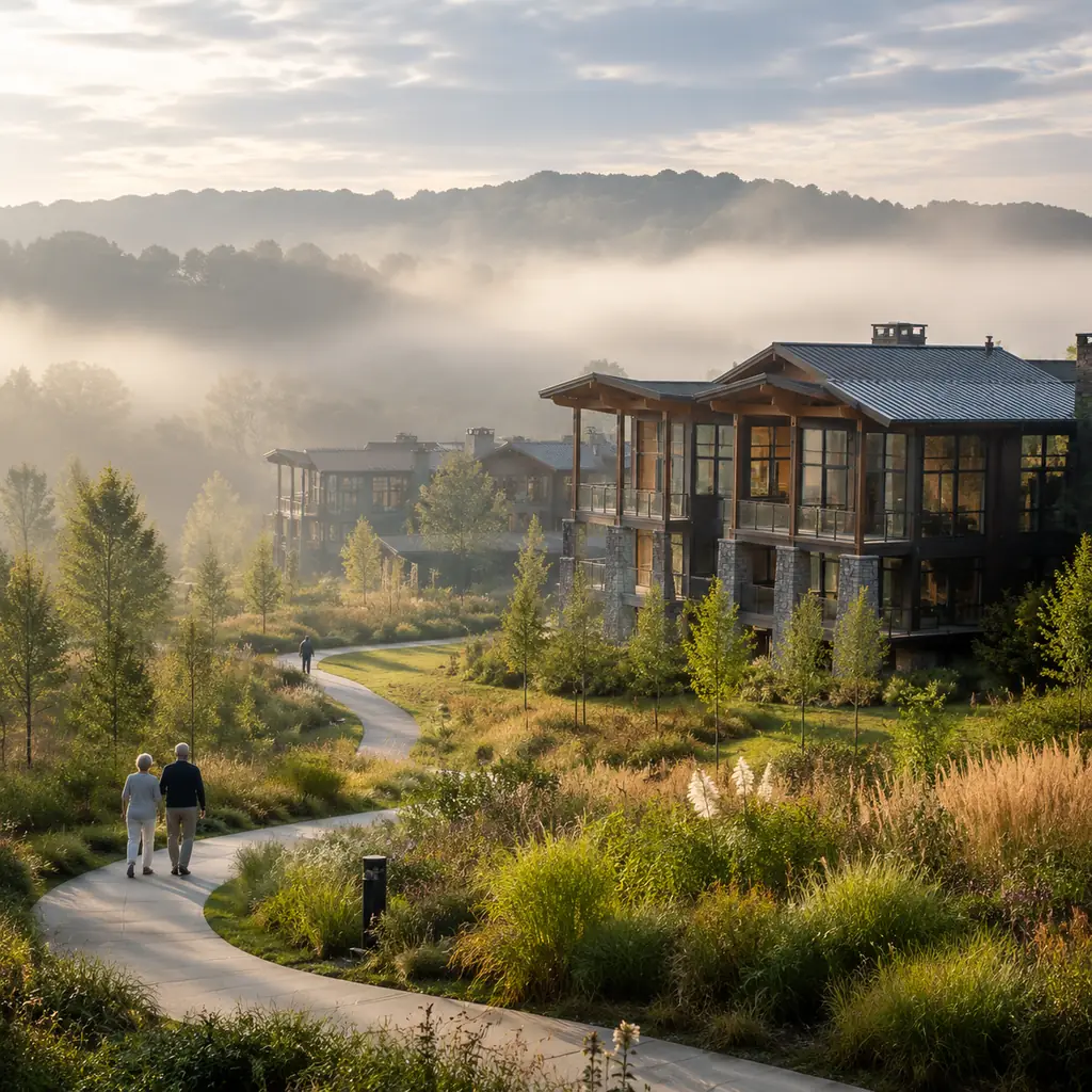 Realistic editorial photo of a modern Ohio retirement community with glass and timber buildings, landscaped meadows, wal