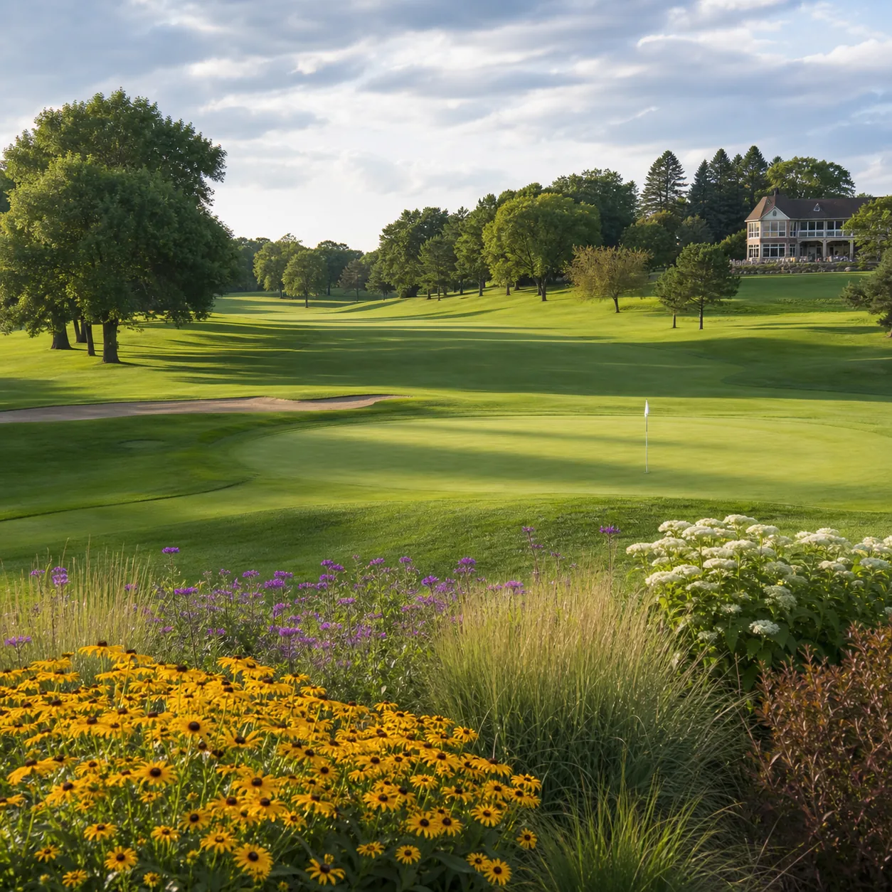 Realistic editorial photo of a polished Wisconsin destination golf course with bright flowers around a green, manicured