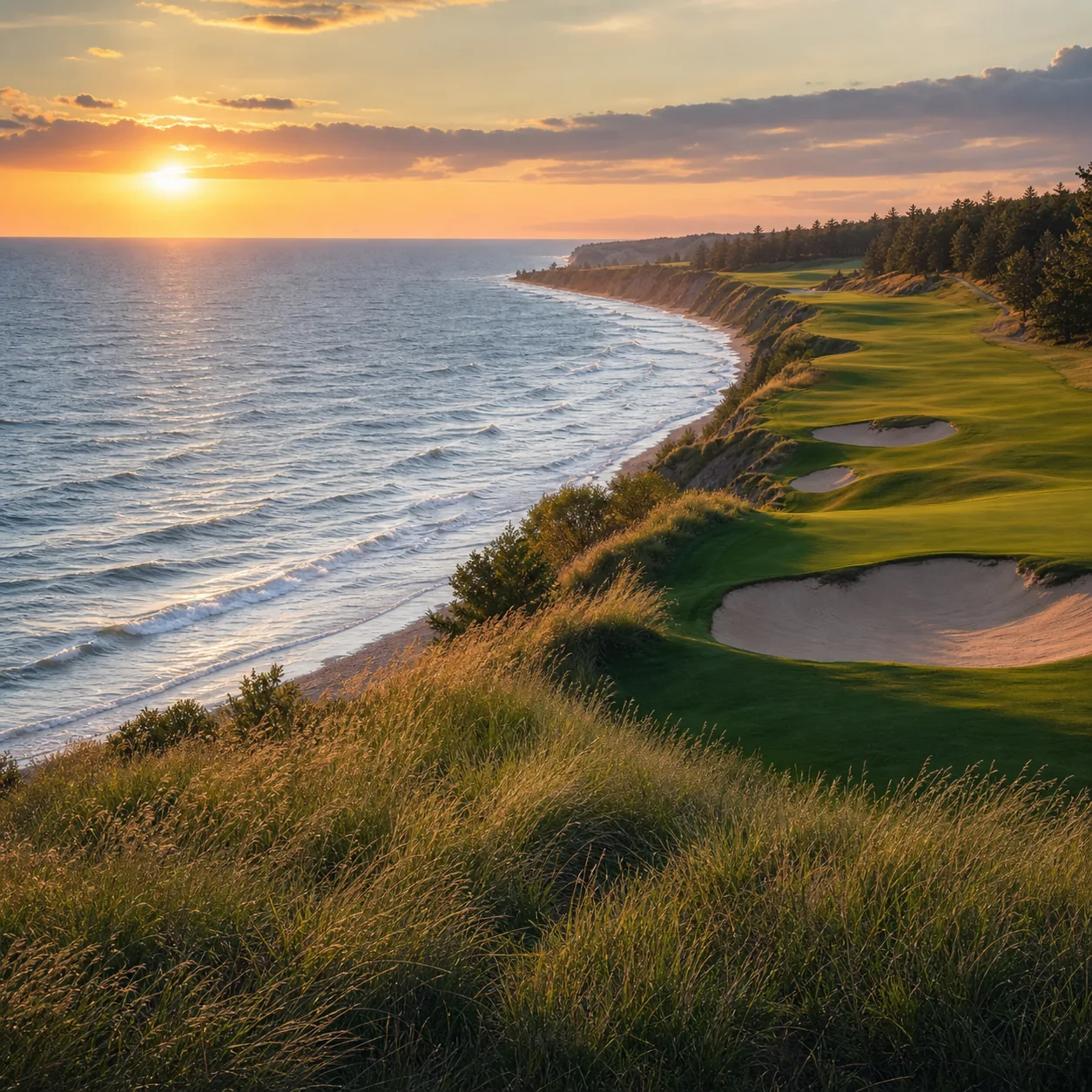 Realistic editorial photo of a Lake Michigan bluff-top golf course with a fairway above blue water, tall grasses, sandy