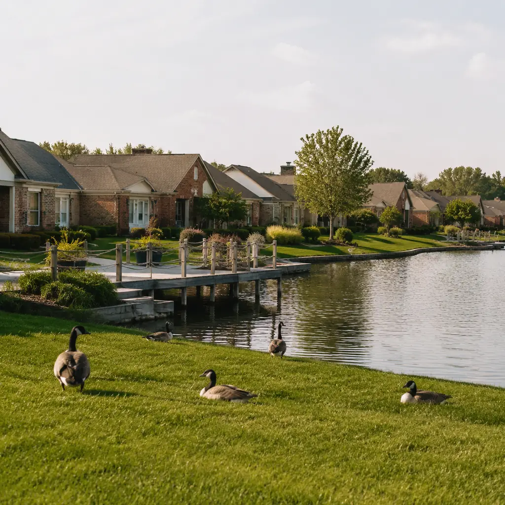 Realistic editorial photo of a lakeside Ohio retirement community with low brick buildings, small lake, wooden dock, gee