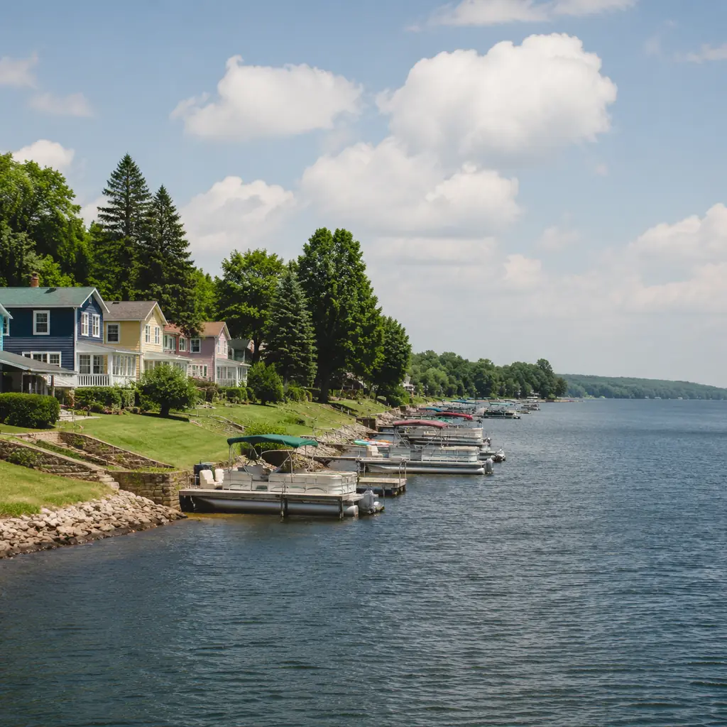 Realistic editorial photo of a riverside cottage community with pastel cottages, a small marina with pontoon boats and a