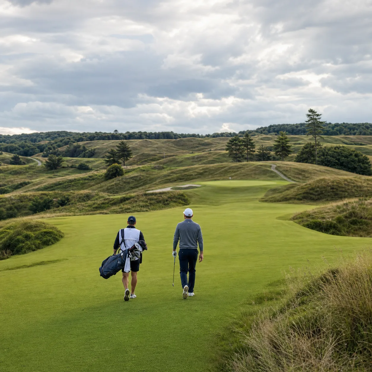 Realistic editorial photo of a walking-only style Wisconsin golf course with glacial hills, fescue, wide fairway, caddie