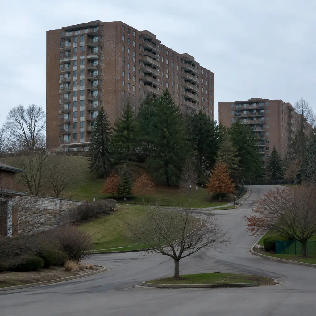 Realistic editorial photo of an older Ohio retirement community on a hill with 1960s brick towers, mature trees, sloped 