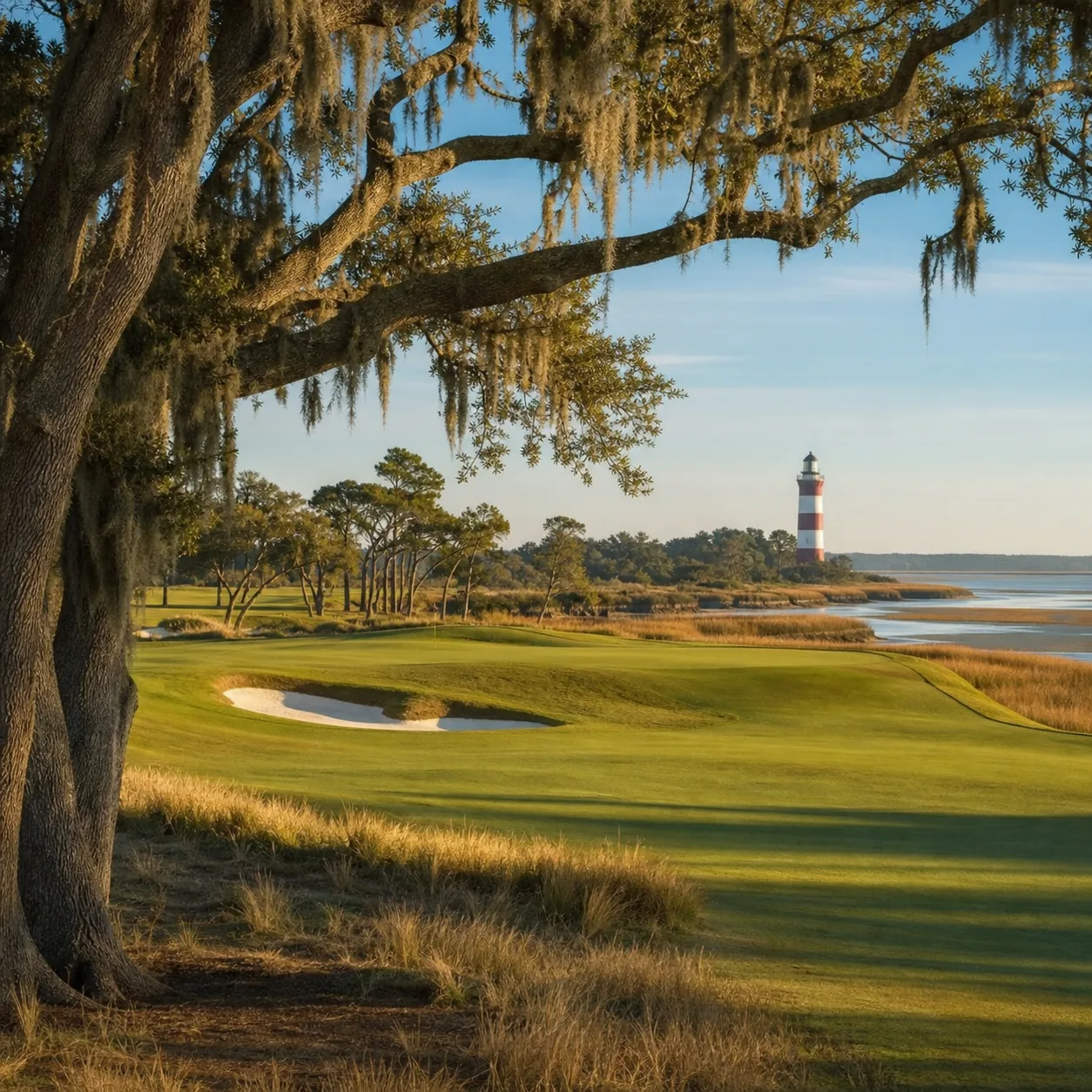 Realistic editorial photo of a coastal South Carolina golf hole with live oaks, marsh grass, red-and-white lighthouse in