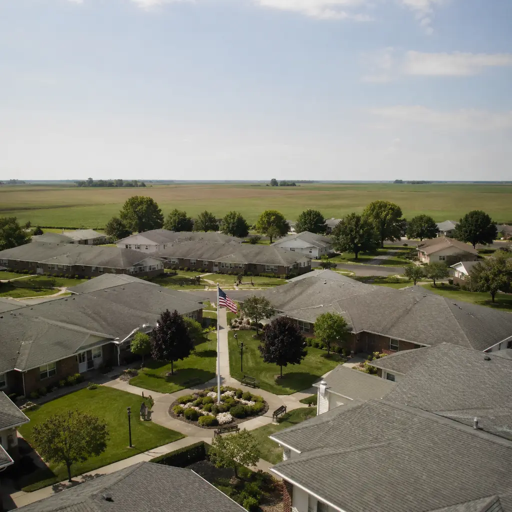 Realistic editorial photo of a quiet central Illinois retirement campus with single-story brick residences, a flagpole c