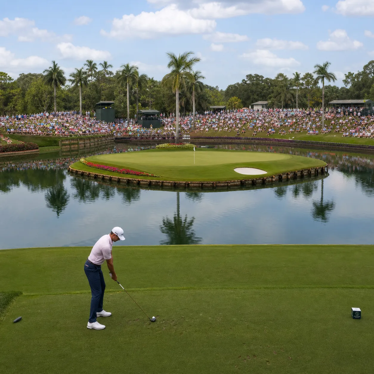 Realistic editorial photo of a Florida stadium-style golf hole with island green over water, surrounding spectator mound