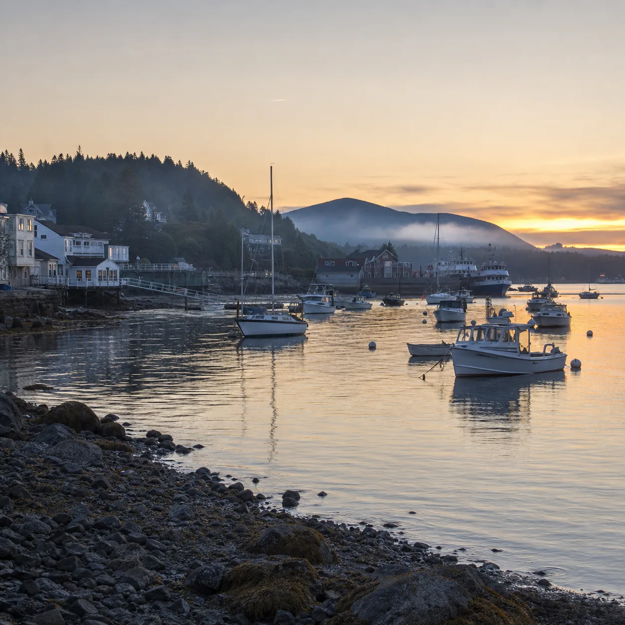 Realistic editorial photo of Bar Harbor Maine waterfront with small boats, rocky shoreline, evergreen hills, and cool su