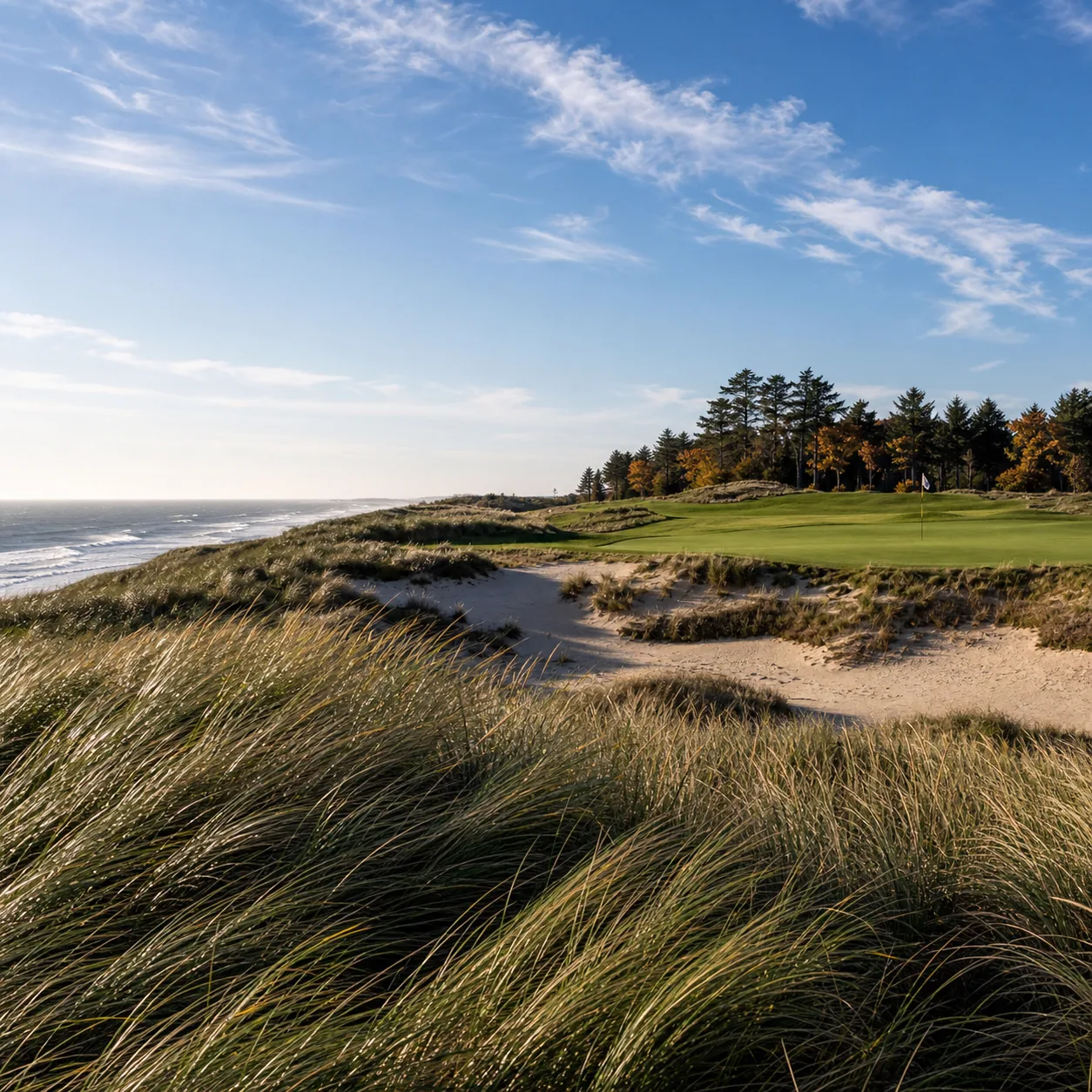 Realistic editorial photo of an Atlantic coastal golf course with dune grasses, ocean wind, sandy waste area, and a gree