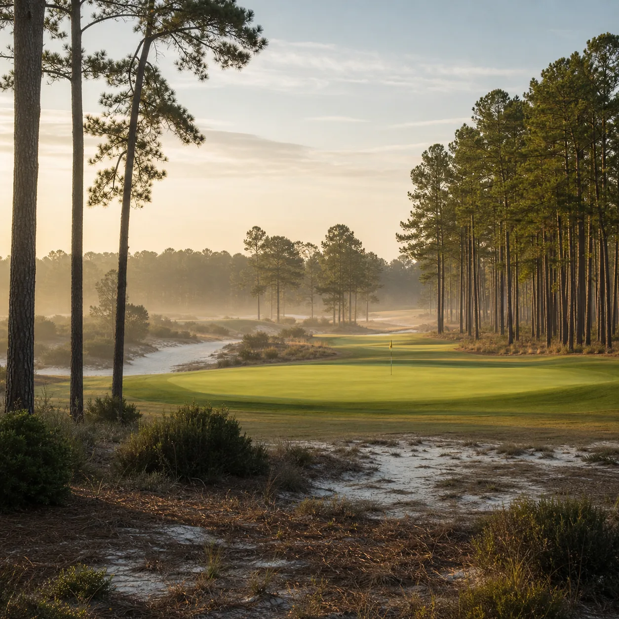 Realistic editorial photo of a classic North Carolina Sandhills golf course with pine trees, sandy waste areas, crowned