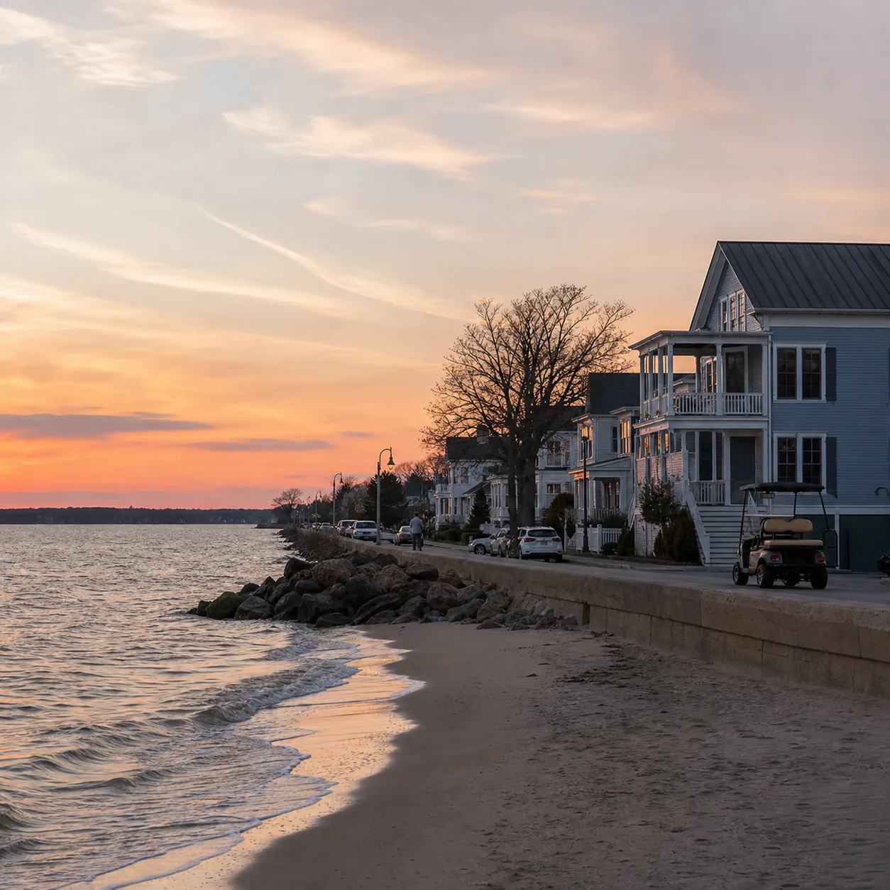 Realistic editorial photo of Cape Charles Virginia with quiet Chesapeake Bay beach, small-town main street, golf cart, a