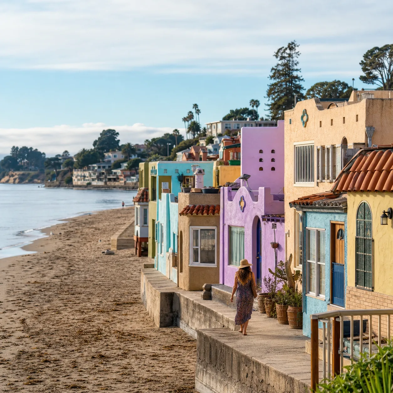 Realistic editorial photo of Capitola California colorful beachfront houses, small beach, village street, and soft Monte