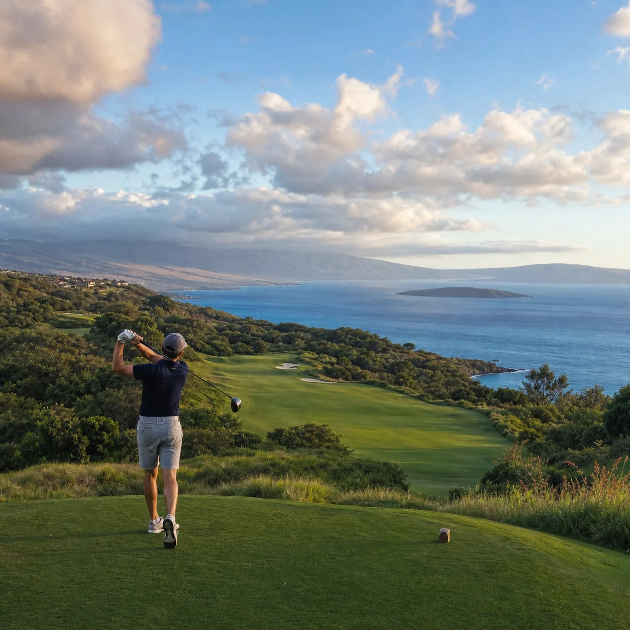 Realistic editorial photo of a Maui hillside golf course with sweeping ocean views, green fairway sloping downhill, trop