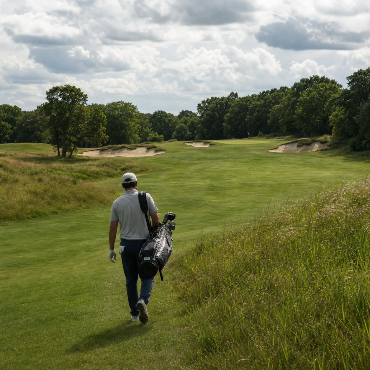 Realistic editorial photo of a tough public parkland golf course in Long Island with thick rough, deep bunkers, mature t