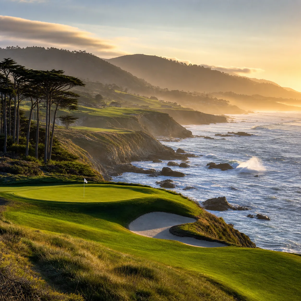 Realistic editorial photo of a legendary California coastal golf hole with ocean cliffs, cypress trees, green fairway, w