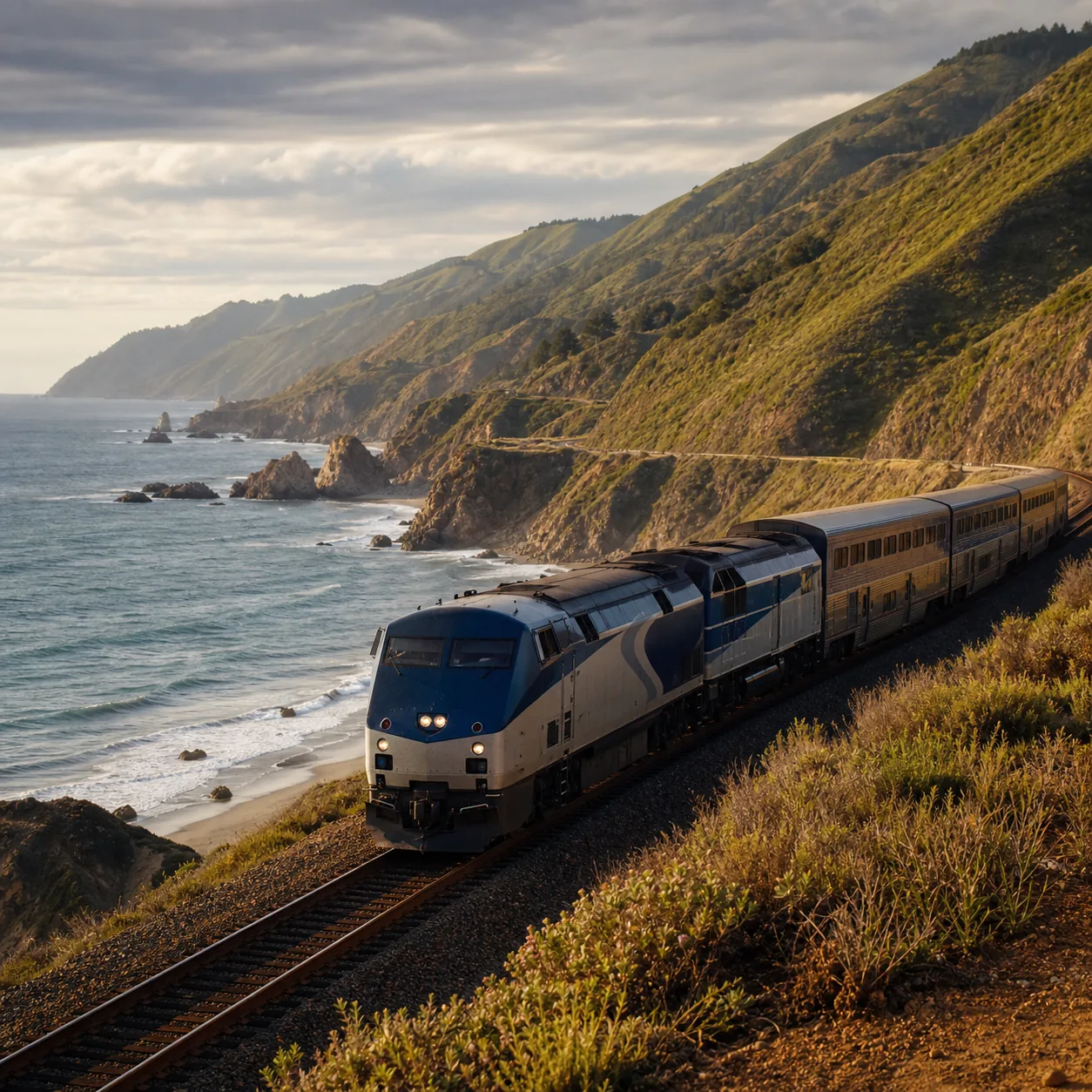 Realistic editorial photo of an Amtrak Coast Starlight train moving along the Pacific Coast with ocean cliffs, green hil