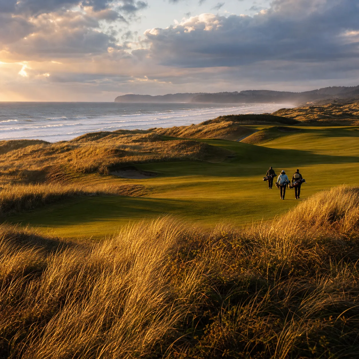 Realistic editorial photo of an Oregon coastal links golf course with dunes, Pacific Ocean waves, fescue grass, walking