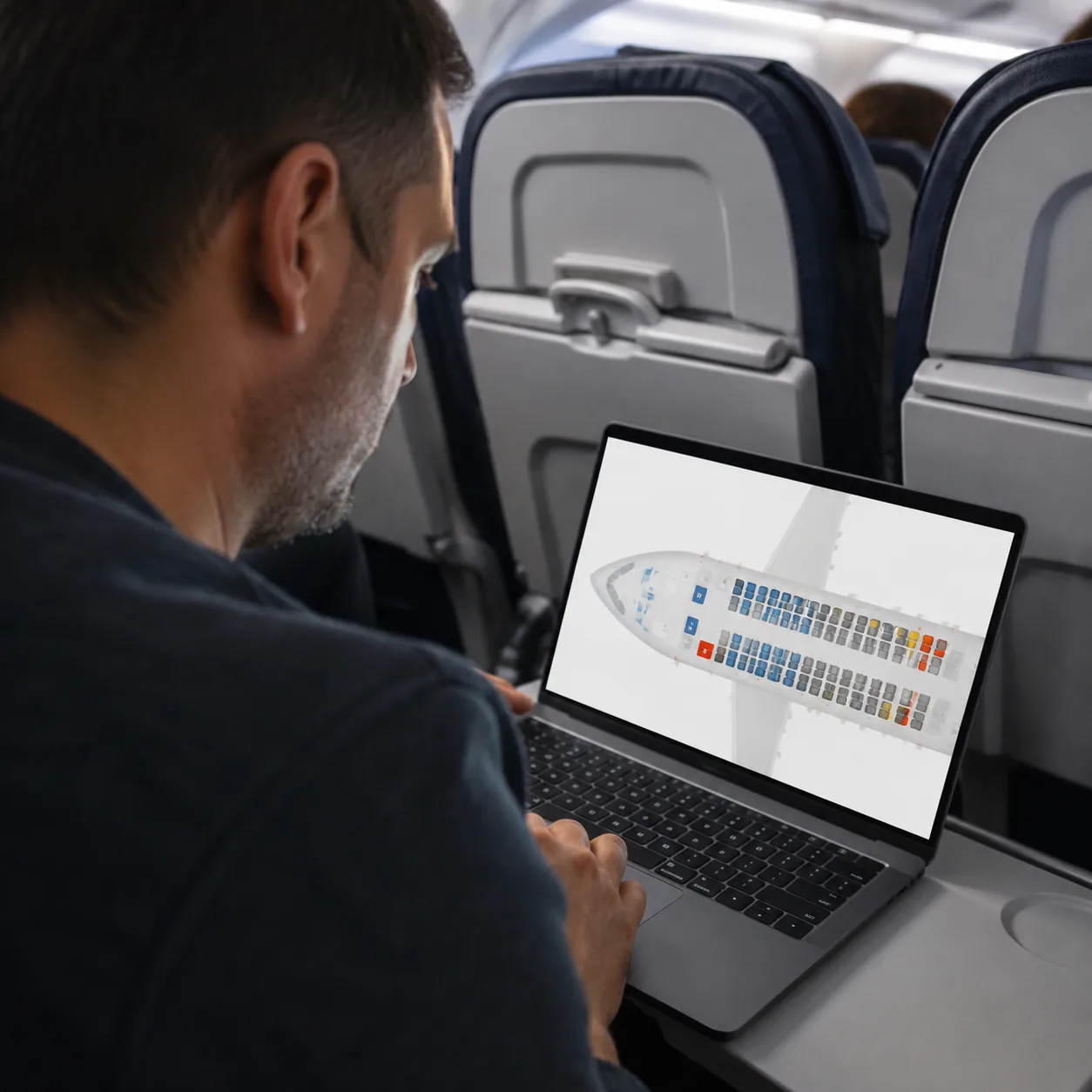 Realistic editorial photo of a traveler studying an airline seat map on a laptop with airplane cabin seats in the backgr
