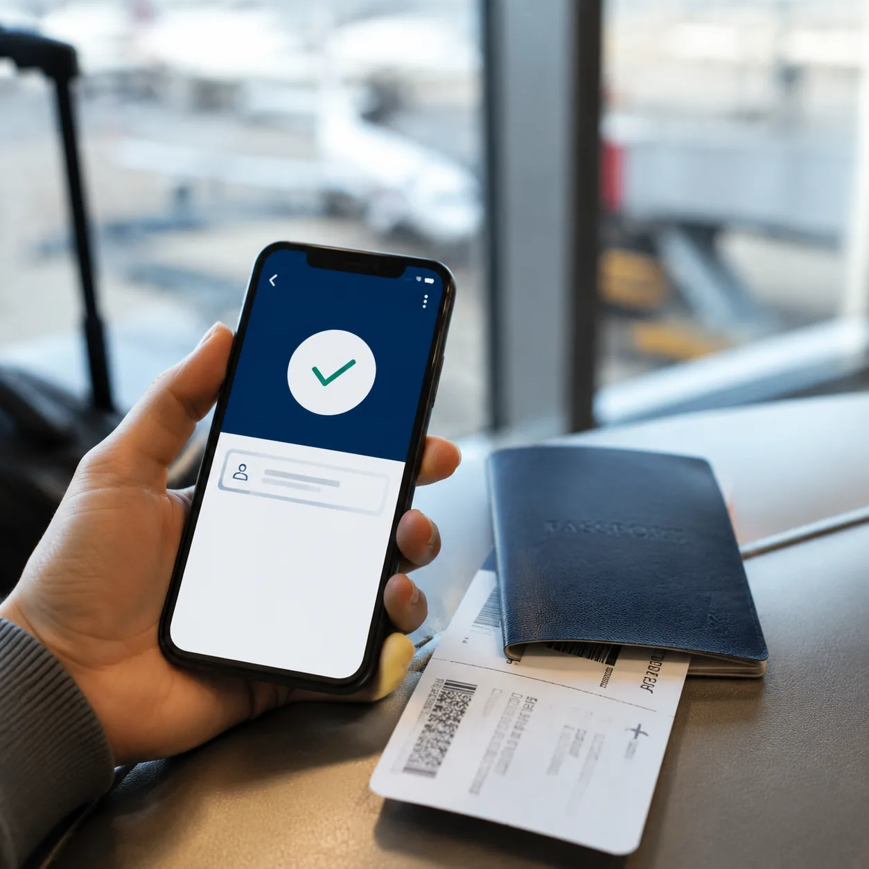 Realistic editorial photo of a phone check-in screen beside a boarding pass and passport at an airport gate, realistic e