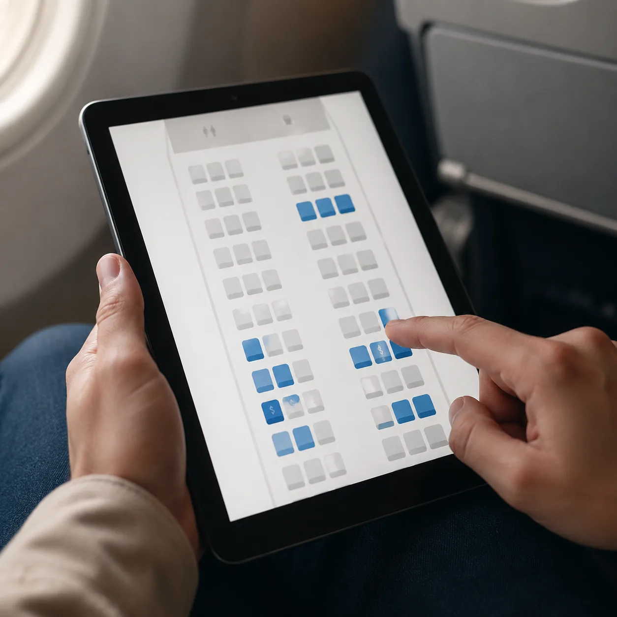 Realistic editorial photo of an airline booking seat selection screen on a tablet with several paid economy seats highli