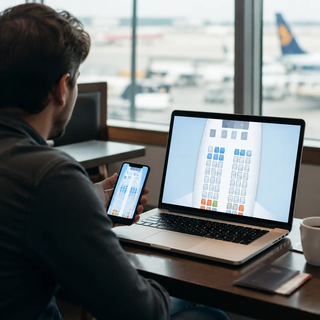 Realistic editorial photo of a traveler comparing two airline seat maps on a laptop and phone at an airport lounge table