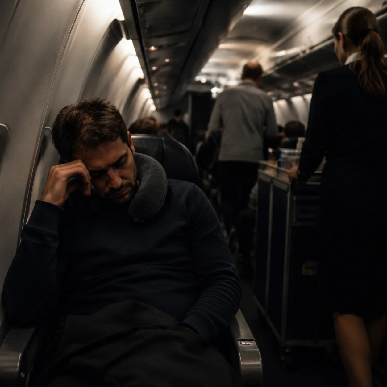 Realistic editorial photo of a tired traveler in an aisle seat while passengers and a service cart move past during a ni