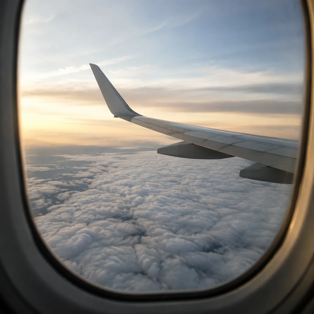 Realistic editorial photo from an airplane window seat looking over the wing during flight with calm clouds outside, rea