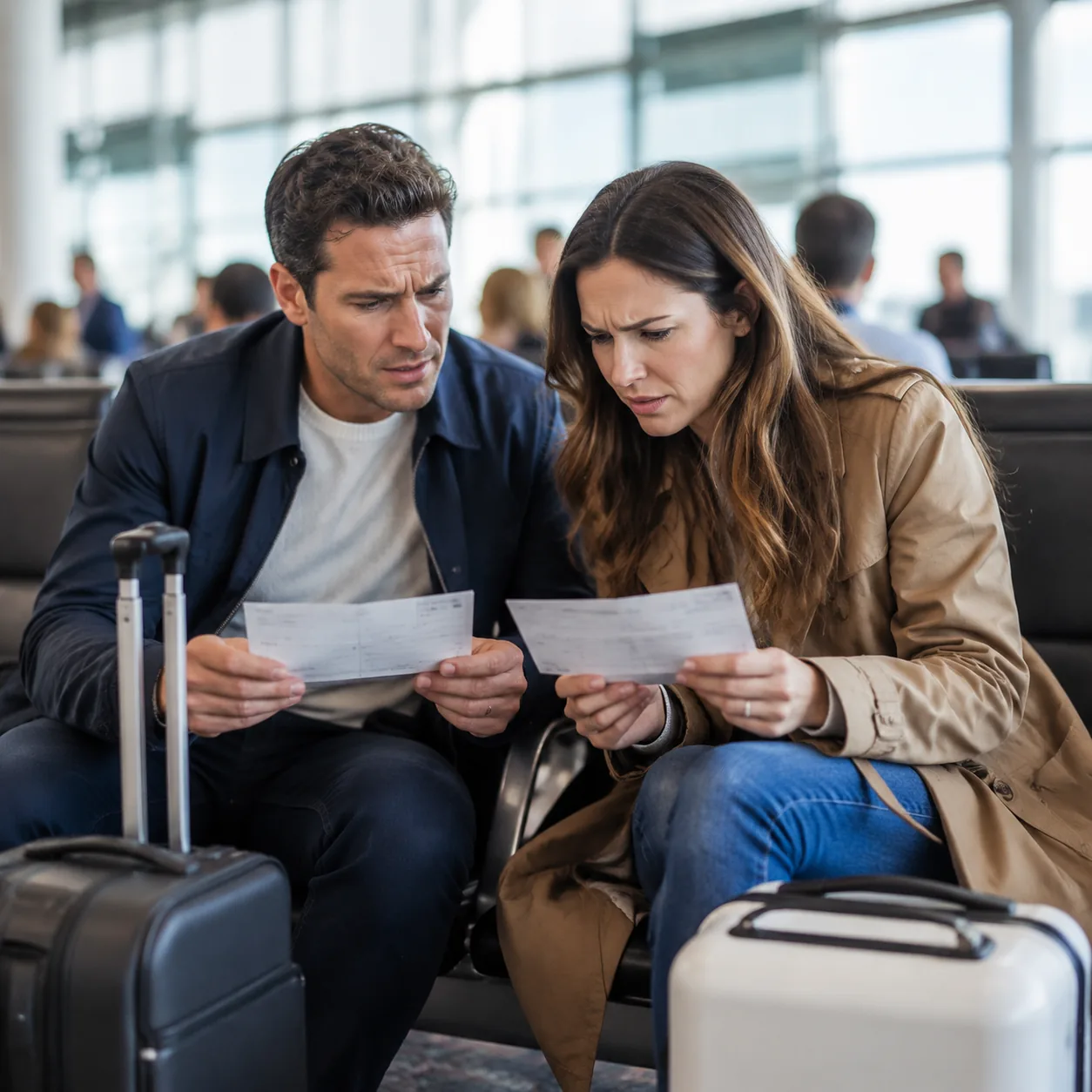 Realistic editorial photo of two travelers comparing separate boarding passes at an airport gate with worried expression