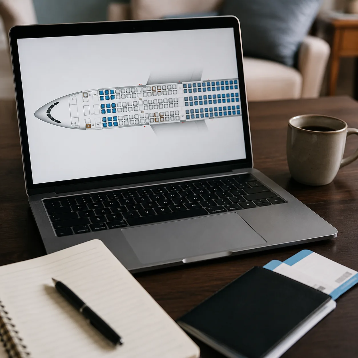 Realistic editorial photo of a laptop showing a generic airplane seating layout beside a notebook and boarding pass at h