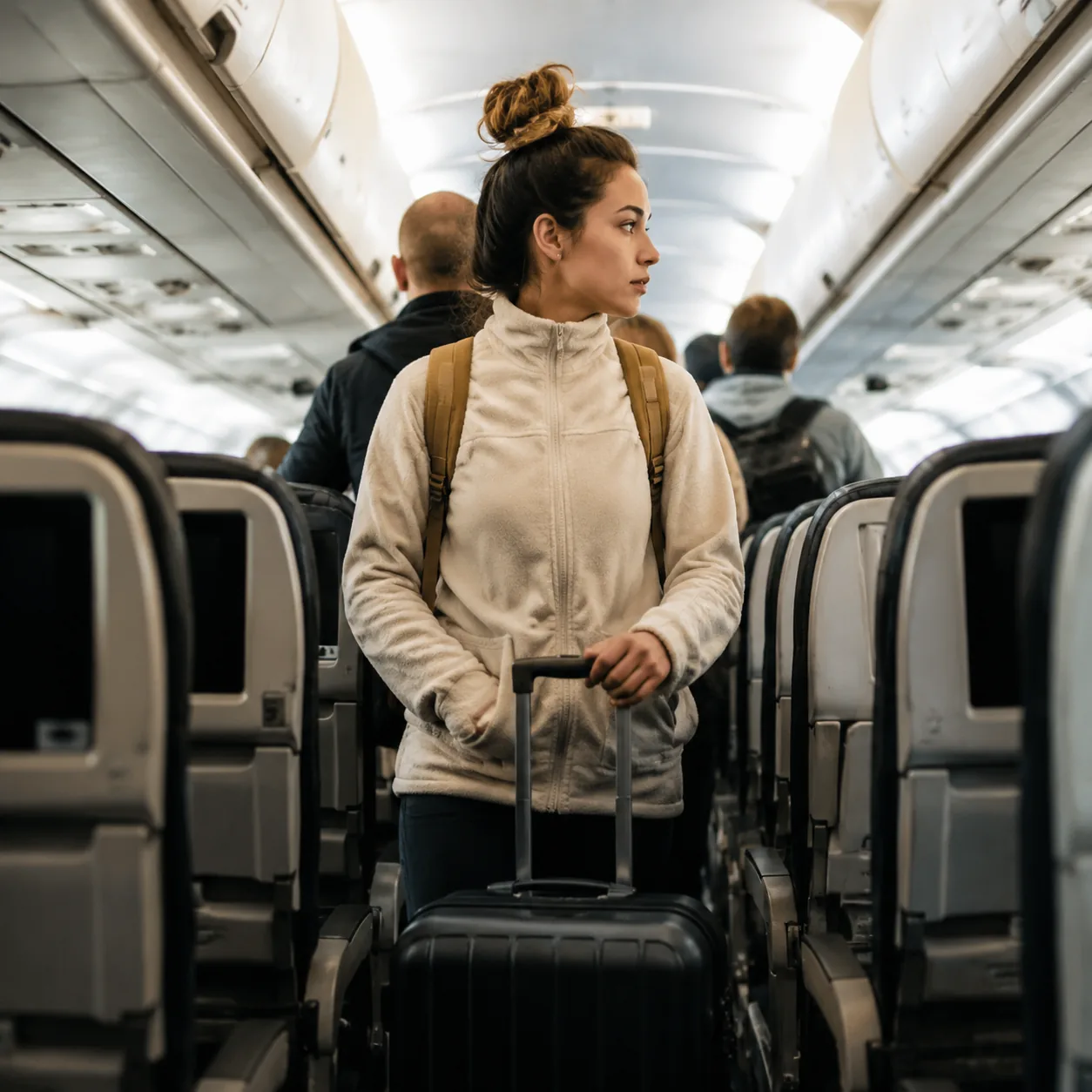 Realistic editorial photo of a traveler in an airplane aisle holding a carry-on while waiting to deplane after landing, 
