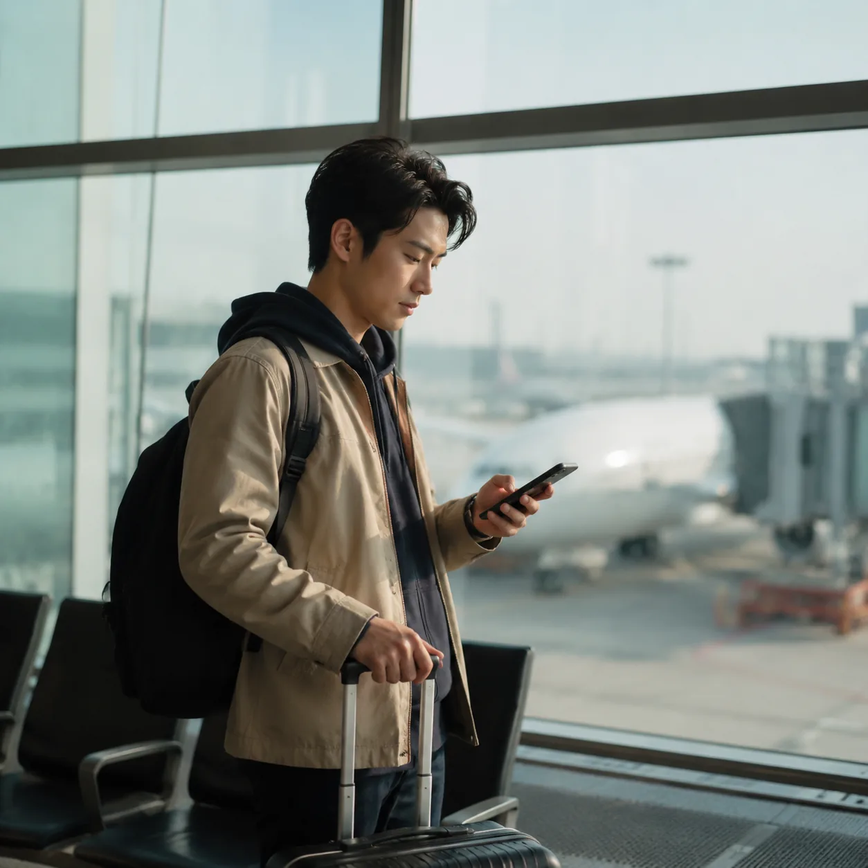 Realistic editorial photo of a traveler checking a mobile boarding pass and seat assignment at an airport gate with carr