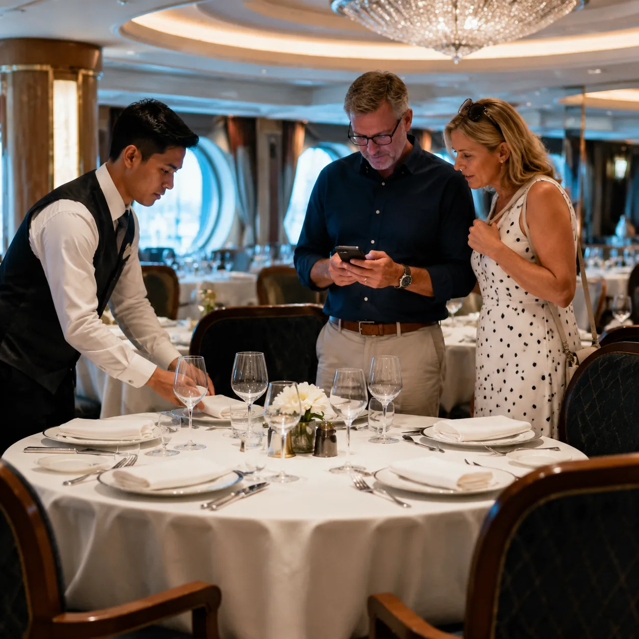 Realistic editorial photo of cruise ship dining room staff resetting a table while guests stand nearby checking a phone 