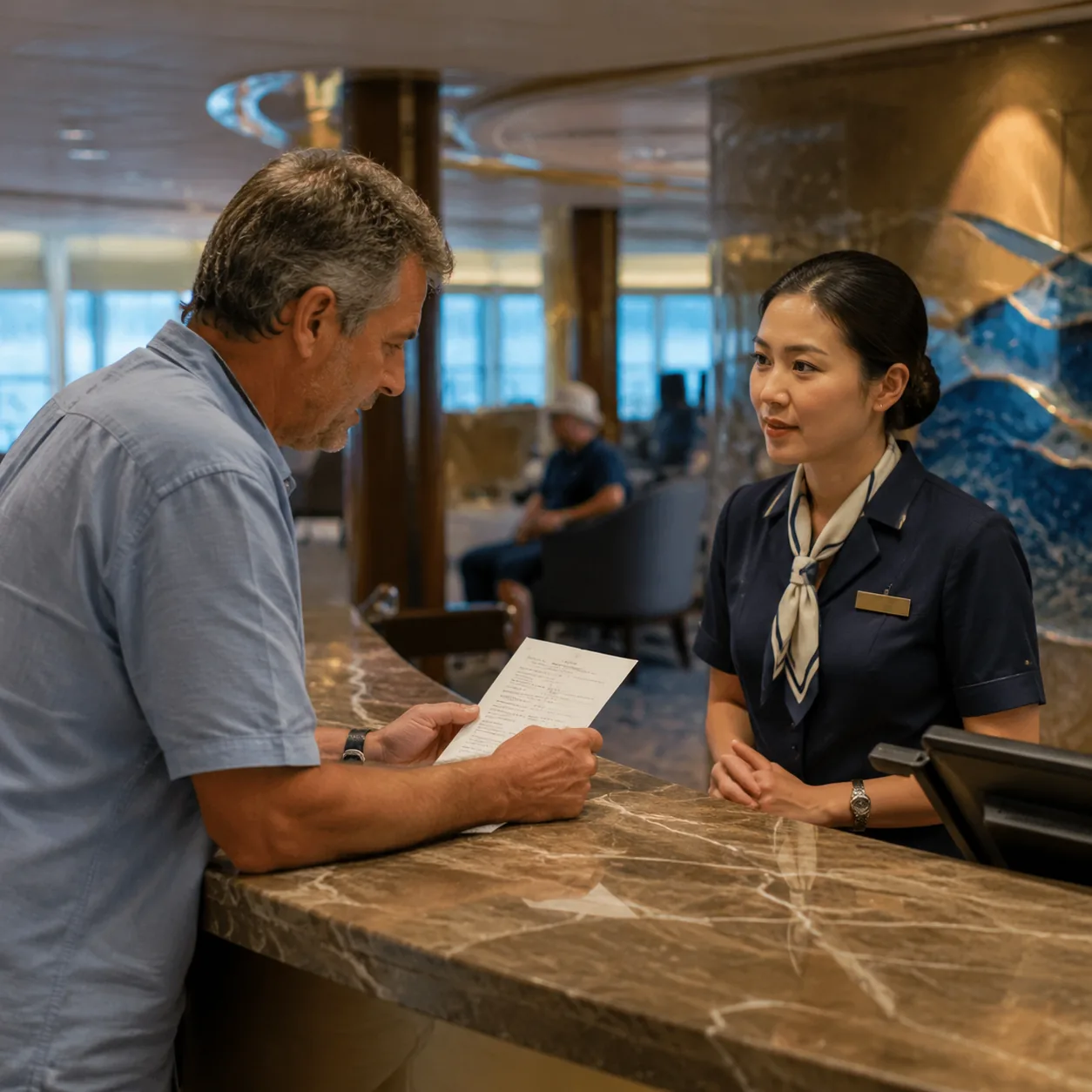 Realistic editorial photo of cruise guest reviewing onboard account at guest services counter while crew member listens 