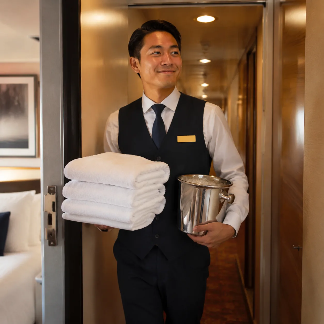Realistic editorial photo of a cruise cabin steward carrying fresh towels and ice bucket in a narrow stateroom corridor,